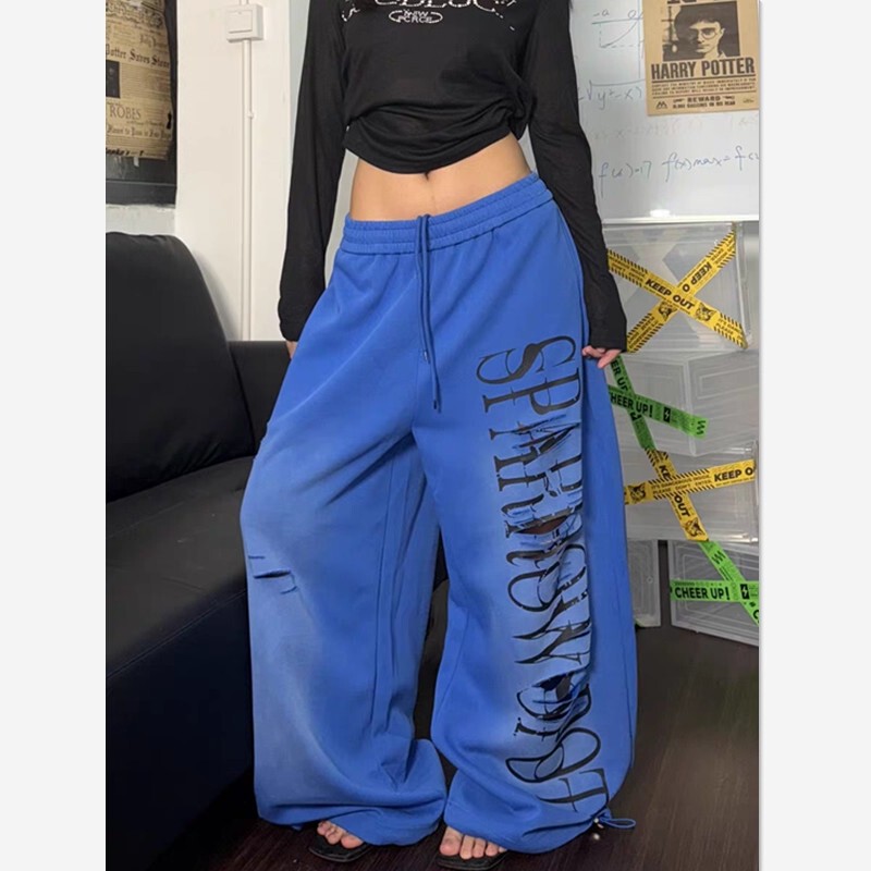 American-Style Ripped Letter Print Drawstring Sweatpants for Women, Autumn Hip-Hop Jazz Dance Wide-Leg Loose Hot Girl Pants