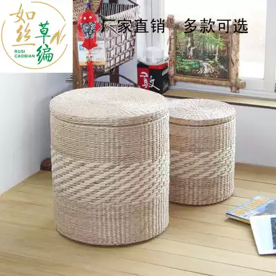 Handmade straw round storage stool storage stool pastoral solid wood can seat for people to change shoes stool Ottoman large