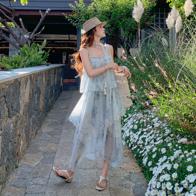 Unique and Beautiful Ink Wash Tie-Dye Fairy-Style Set for Women, 2026 Summer New Style, Two-Piece Set with Camisole and Irregular Skirt