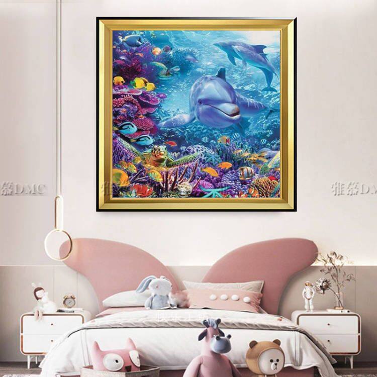 New printed DMC cotton thread cross embroidered kit Living room dining room Children's room hanging painting Animals Subsea World 3