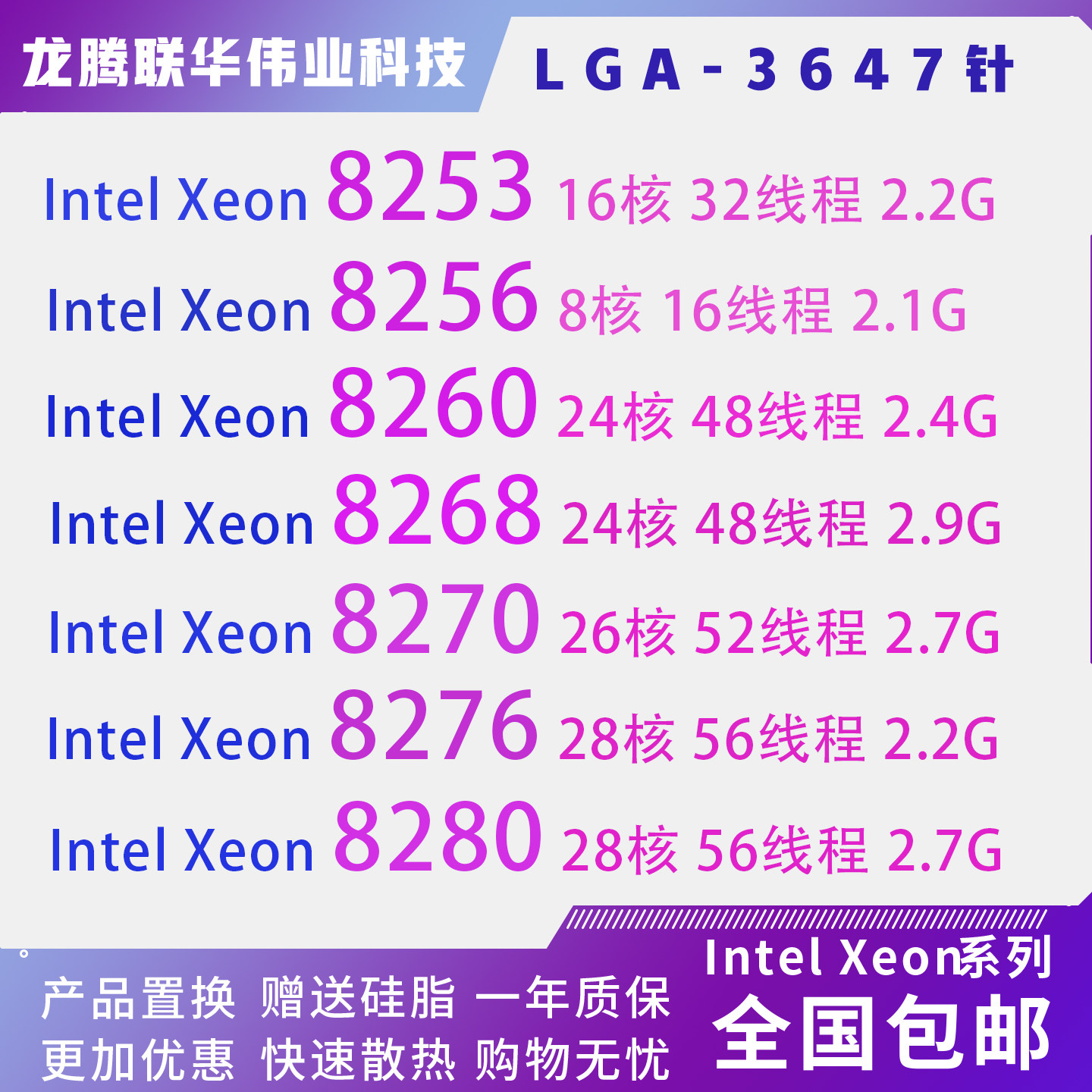 ซีพียู Intel Xeon Platinum 8253 8256 8260 8268 8270 8276 8280 แบบ 3647-Pin