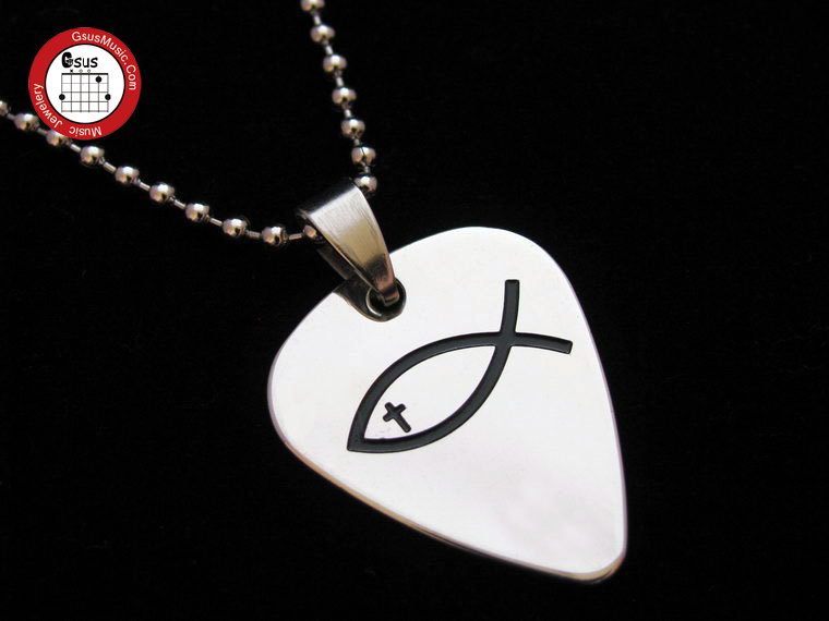 Watson Instruments woshionPICKLACE Metal Punk Titanium Steel Pick Necklace Ichthys Fish