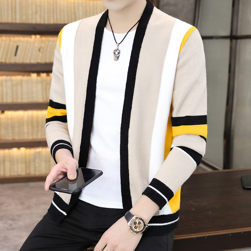 Knitted Cardigan Sweater for Men, Spring and Autumn Korean Style Trendy Color-Blocked Striped Sweater, Stylish Casual Cape Jacket