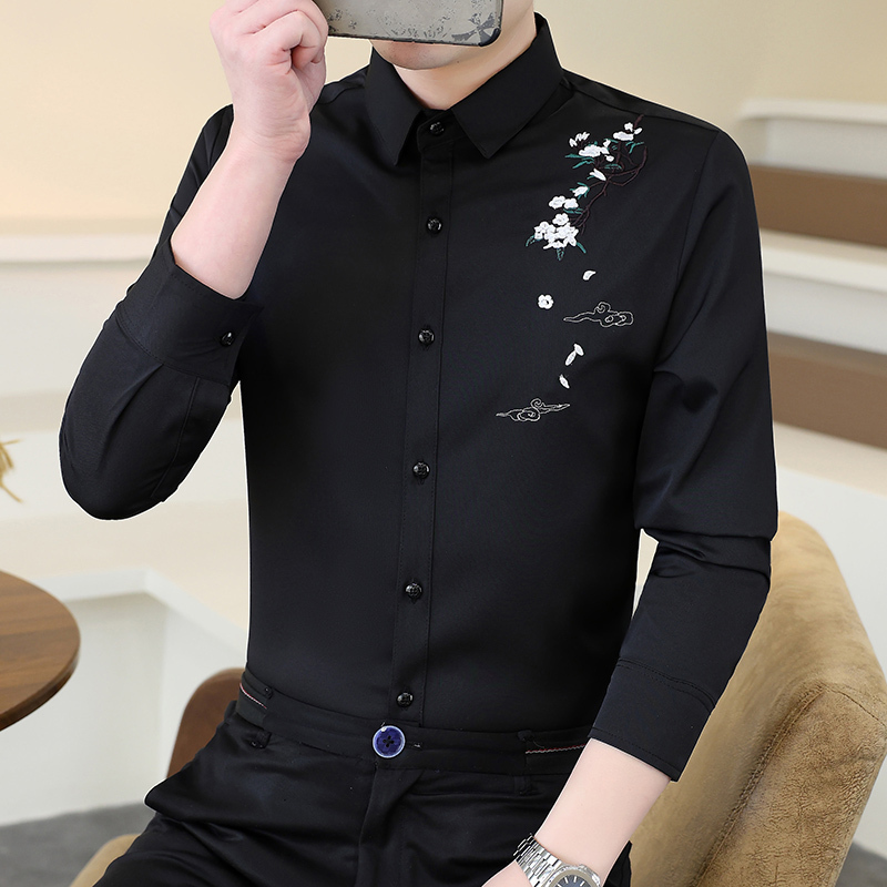 Ice Silk Long-Sleeve Shirt for Men, Slim Fit, Korean Style, Trendy Hairstylist, Cool Embroidered Shirt, Spring and Autumn Wrinkle-Resistant Men's Shirt