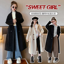 Girls woolen coat thickened autumn and winter childrens double-sided woolen coat new style foreign style medium and long style Korean version for big children