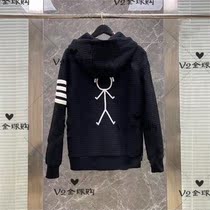 Thom Browne autumn and winter new TB four-bar striped cotton grid stickman zipper hooded sweater for men and women