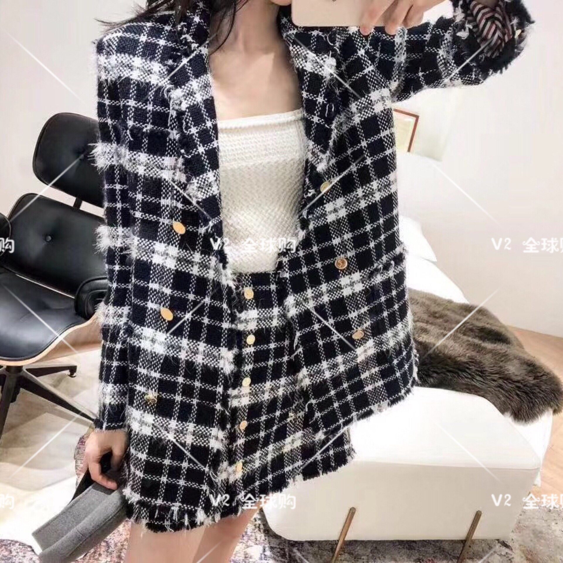 (V2)Thom Browne 18 autumn and winter new plaid suit wool blazer women