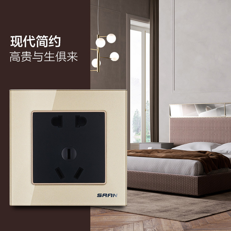 Smart Switch Matching Home 23 Socket Suit Champagne Gold Steel Chemical Glass Panel Five Holes Socket Concealed