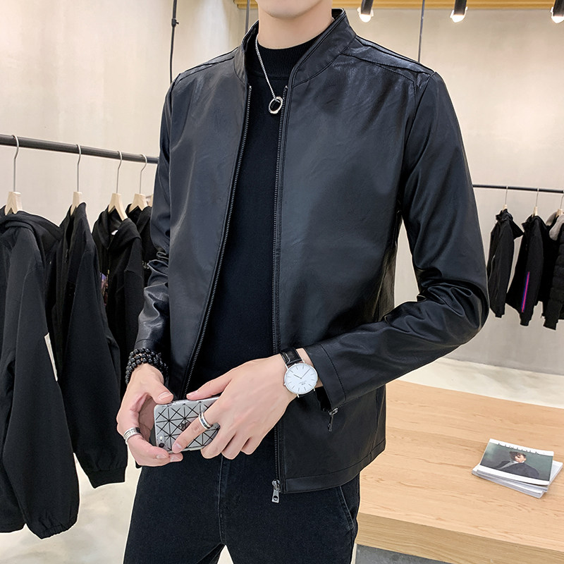 Leather leather men's velvet slim Korean version of the trend handsome stand-up collar sheepskin jacket spring and autumn men's leather jacket