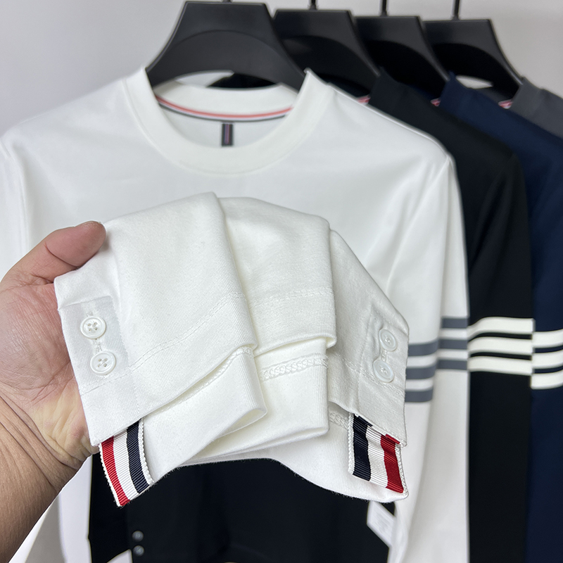(with Slit at the Hem) Brand Crew Neck T-Shirt for Men, Long-Sleeved Striped Spring and Autumn Trendy Thin Base Shirt Top