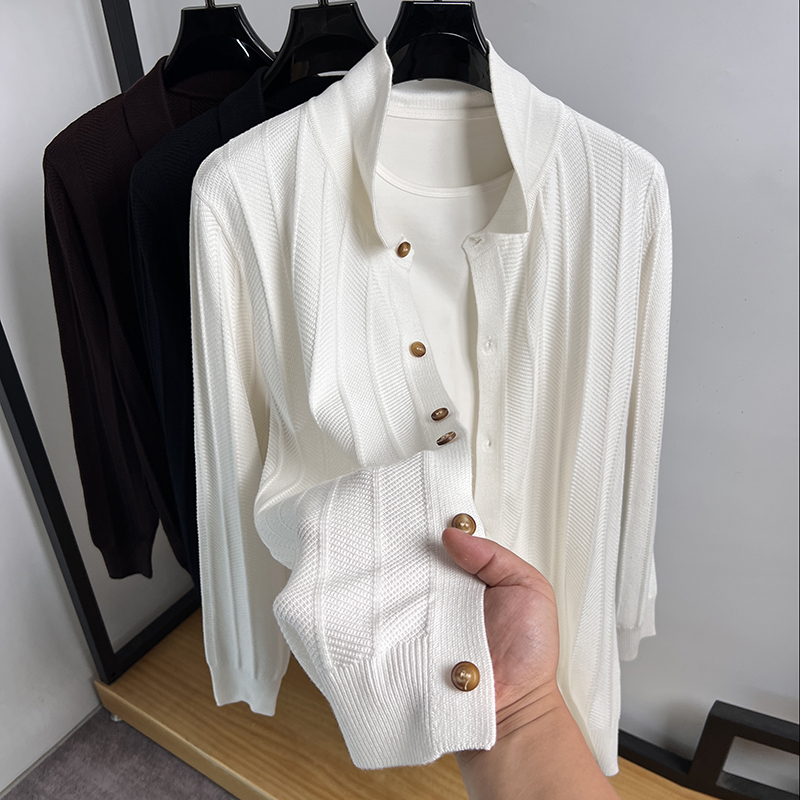 White Collared Cardigan Men's Knitwear Spring and Autumn Button Thin Sweater Men's Jacket Solid Color Knitwear Men's Outerwear