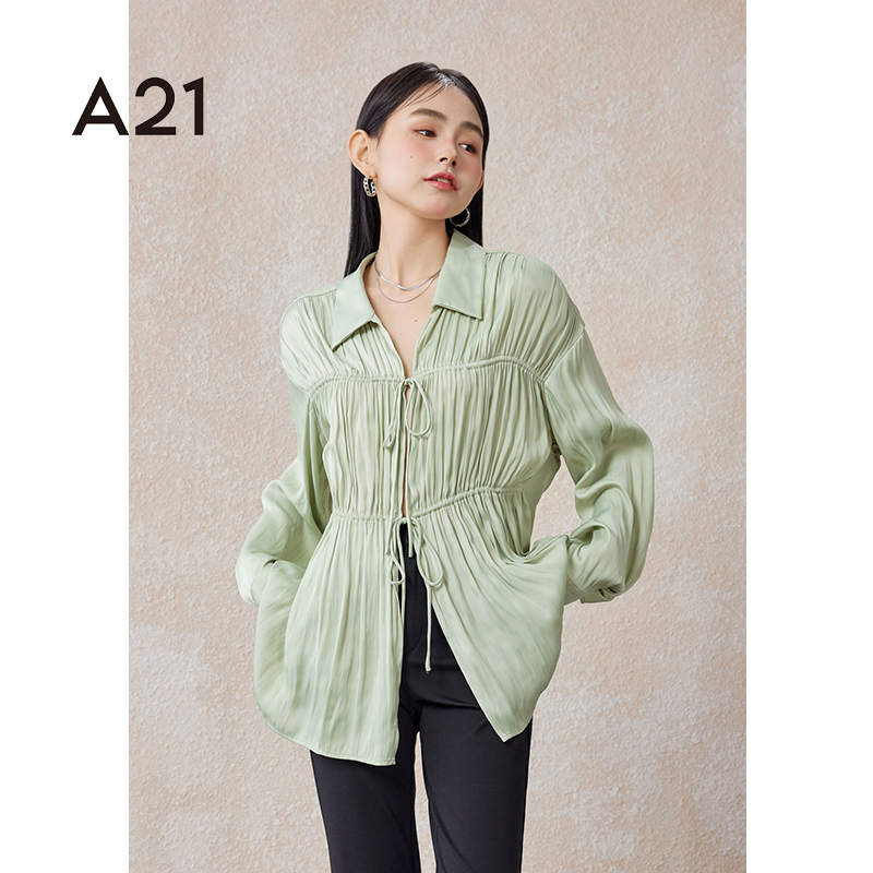 A21 Women's Loose-Fitting Lapel Drop-Shoulder Shirt-Style Jacket in Light Pink-Green with a Spring Design