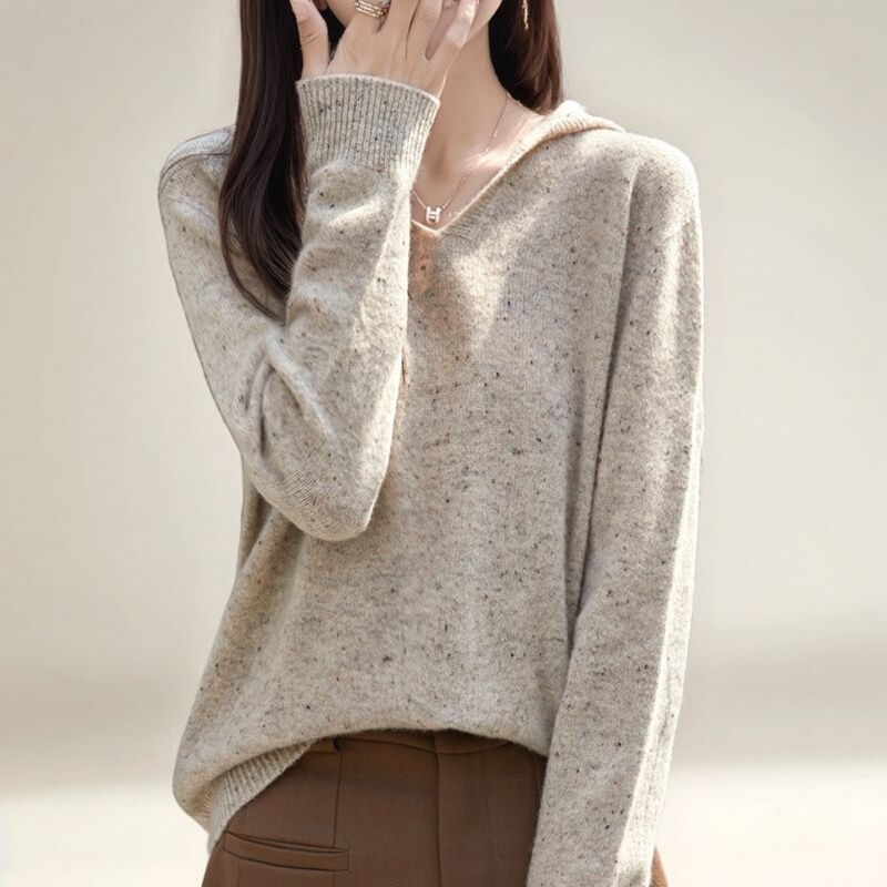 Hooded Wool Knit Sweater for Women, Autumn and Winter Pullover, Petite Size, Suitable with Skirts, Sweater Hoodie, Base Layer Top