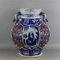 Yuan blue and white glaze in red pinched Huahan pattern double ear eight square cans official kiln unearthed antique porcelain handmade antique collection