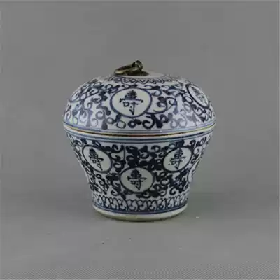 Ming Dynasty hand-painted blue and white longevity word copper ring cover cans to do old antique porcelain old goods collection antique