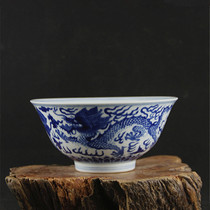 Qing Kangxi handmade porcelain blue and white Fushou dragon pattern porcelain bowl imitation Qing Dynasty official kiln Thin tire ancient porcelain antique ornaments