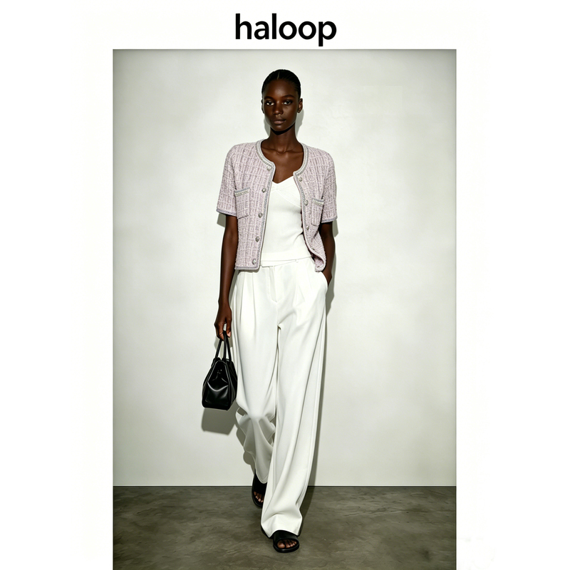 Haloop2026 Summer Jacket, Small Chanel-Style Woven Silver Thread Trim, Metal Buckle Embellishments, Boxy Silhouette, Short Length, Short Sleeves