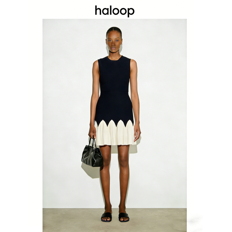Haloop Black and White Contrasting Color Patchwork Ruffled Black Knitted Dress Sleeveless Vest Short Skirt Women's Tea Break Dress