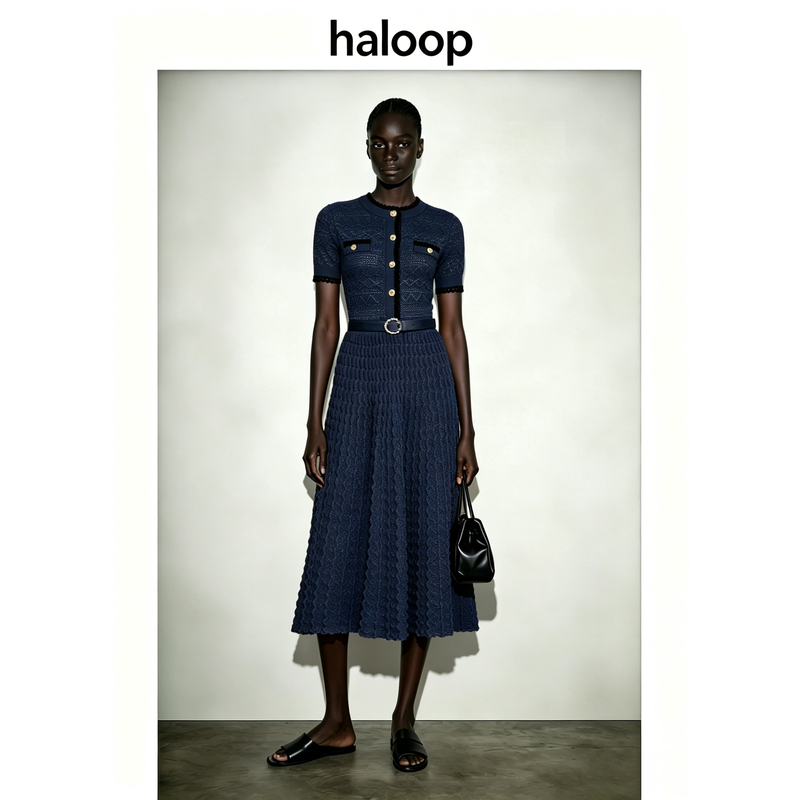 Haloop Summer 2026 Elegant Round Neck Short-Sleeved Knitted Dress for Women Slim Fit Slimming Belt Long Elegant Dress Haloop Summer 2026 Elegant Round Neck Short-Sleeved Knitted Dress for Women Slim Fit Slimming Belt Long Elegant Dress