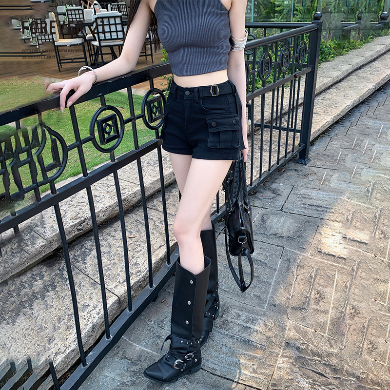 Forever21 American-Style Black Workwear Denim Shorts for Women, Summer High-Waisted Slimming A-Line Hip-Hugging Hot Pants for Petite Figures Forever21 American-Style Black Workwear Denim Shorts for Women, Summer High-Waisted Slimming A-Line Hip-Hugging Hot Pants for Petite Figures