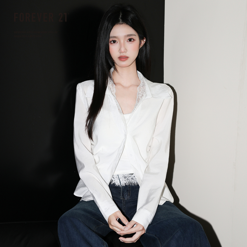 Forever 21 Super Pretty White V Neck Waist-Cinching Shirt for Women with French Lace Splicing ins Elegant Long-Sleeved Top