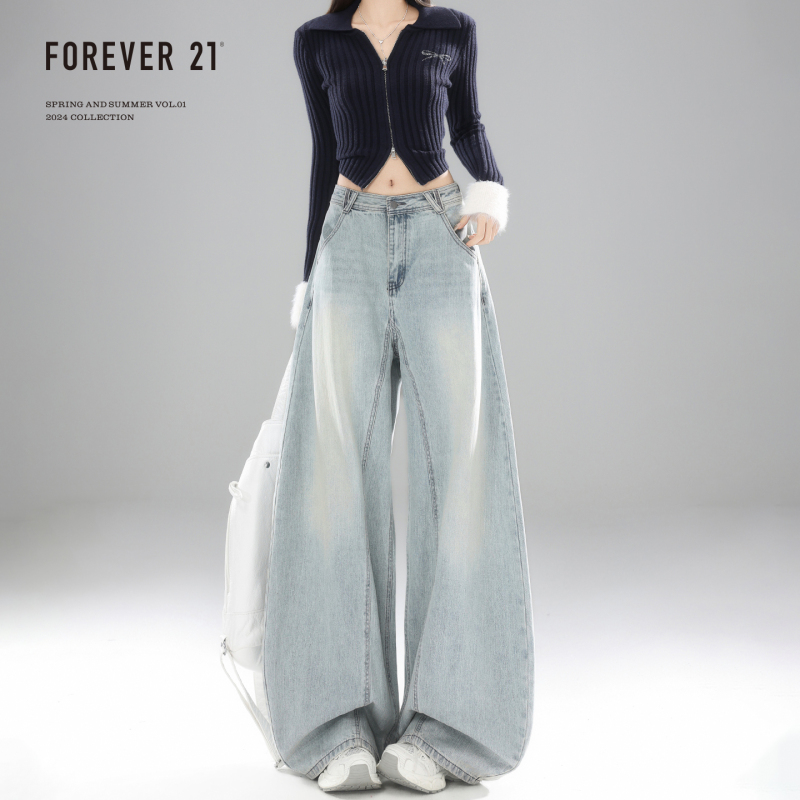 Forever 21 Stylish Light Blue Loose Denim Wide-Leg Pants for Women, American High-Waisted Pear-Shaped Drapey Scimitar Pants Forever 21 Stylish Light Blue Loose Denim Wide-Leg Pants for Women, American High-Waisted Pear-Shaped Drapey Scimitar Pants
