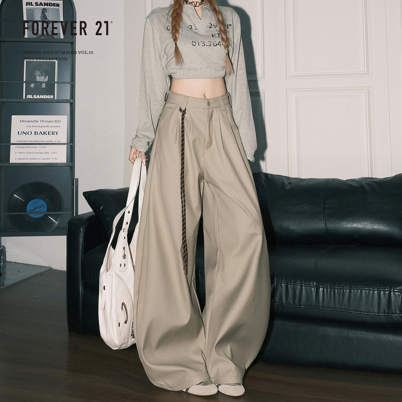 Forever 21 Melard Khaki Loose Wide-Leg Trousers for Women with a Design Featuring Pleats, High Waist, and a Curved Hem, Casual Pants