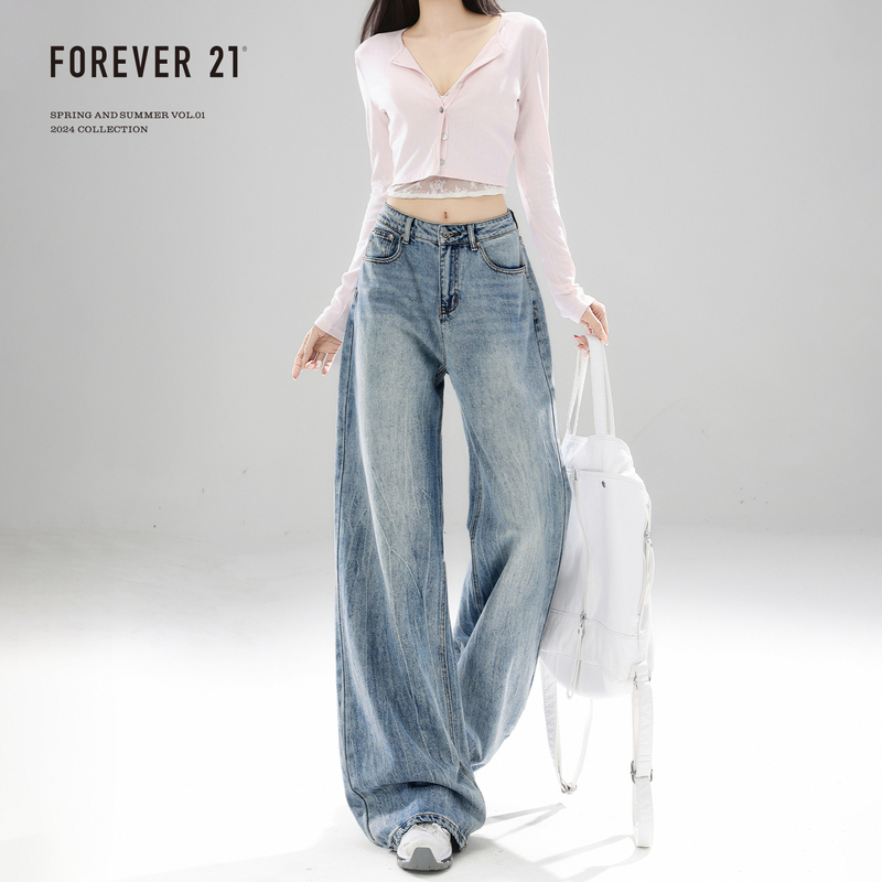 Forever 21 Versatile Light Blue Pear-Shaped Loose Wide-Leg Jeans for Women, High-Waisted, Drapey Fit, Excellent Straight-Leg Pants