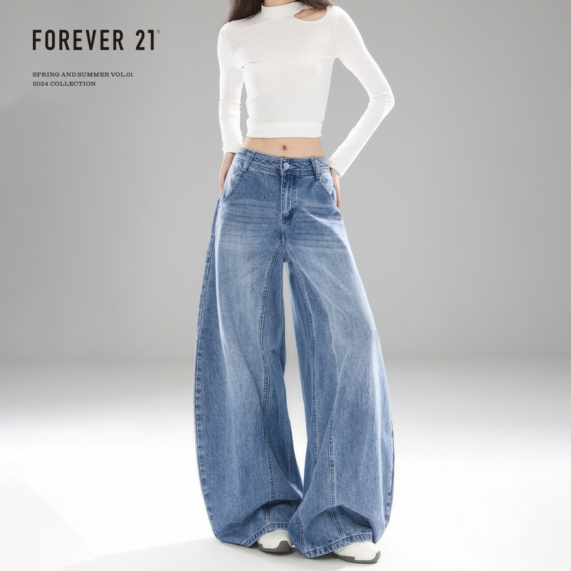 Forever 21 New Versatile Blue Loose Denim Wide-Leg Pants for Women, High-Waisted, Slimming, Drapey Straight-Leg Scimitar Pants