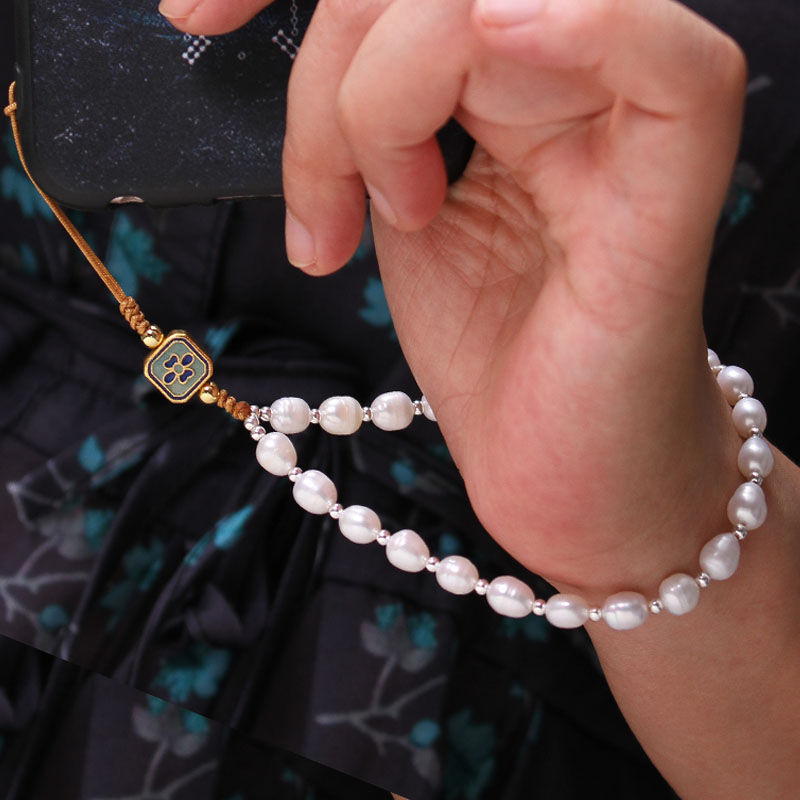 Sterling silver fidelity natural freshwater pearl blue lotus mobile phone chain pendant Chinese style short anti-lost wrist lanyard white