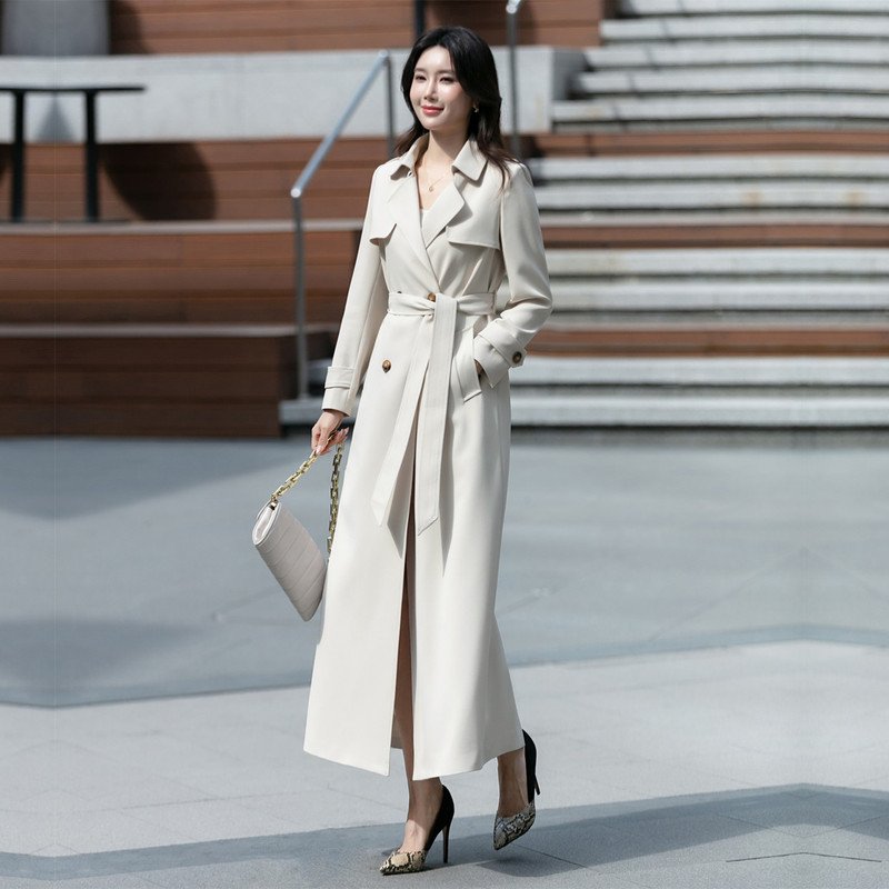 Off-White Long Trench Coat 2026 New Spring and Autumn Style, Elegant and Sophisticated, Color Lapel, Slimming Over-The-Knee Extra-Long Coat for Women