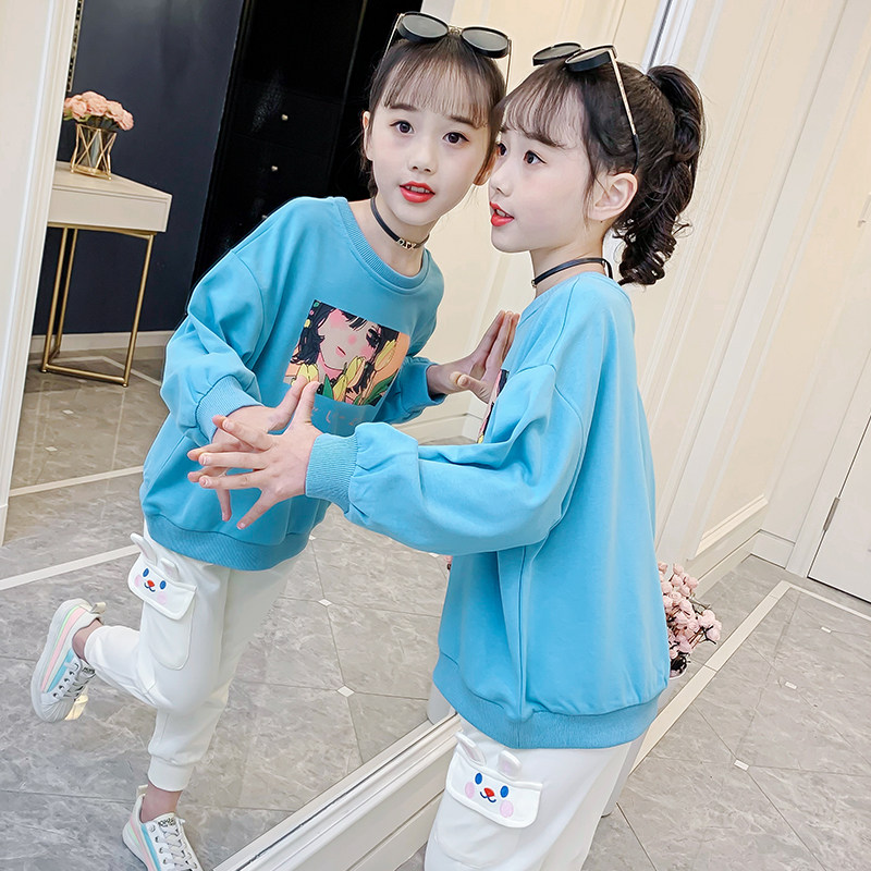 Girls' long-sleeved T shirt 2021 new western children's spring costume cartoon hoodie big children's loose casual jacket
