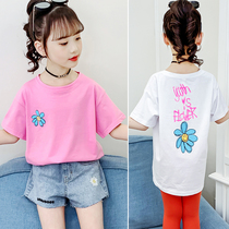Girls  short-sleeved T-shirt 2021 new summer childrens middle and large childrens middle and long casual cotton Western style elastic loose top