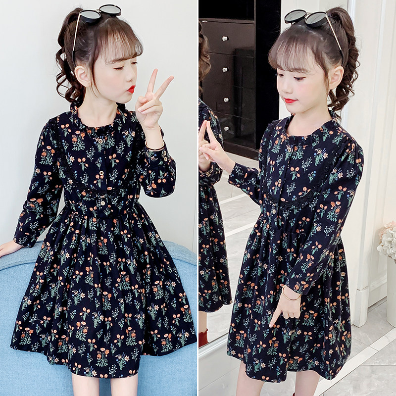 Girls dress 2021 new spring floral skirt small children in the big children long-sleeved cotton skirt tide