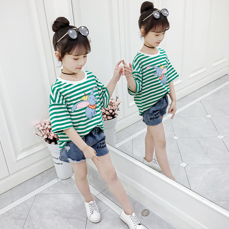 Girls Short Sleeve T-shirt Summer Loose Strip Top Children's Fat Shirt Cutty Cartoon Elephant Half-sleeved Sweater
