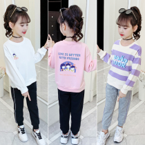 Girls  suit 2021 new spring childrens middle and large childrens Western style pullover cotton long-sleeved top trousers two-piece set