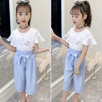 Girls suit 2021 new summer Western style childrens short-sleeved casual T-shirt girls Chiffon wide-leg pants two-piece set