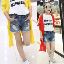 Girls denim shorts 2021 new summer childrens hole casual hot pants big childrens foreign style fashion shorts