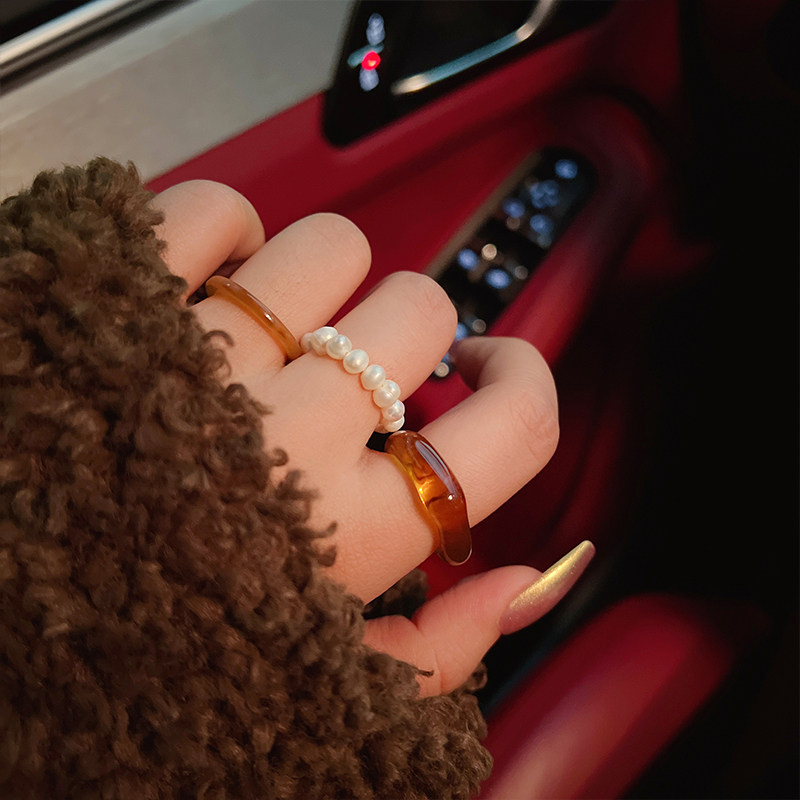 Korean temperament resin ring three-piece suit niche design fashion simple Joker pearl food ring ring ring