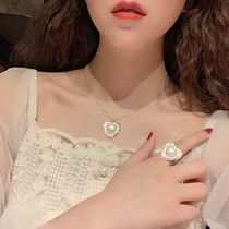 Temperament Love Pearl Necklace Ring Set Female Japanese and Korean Sweet Pendant choker Simple Joker Finger Ring