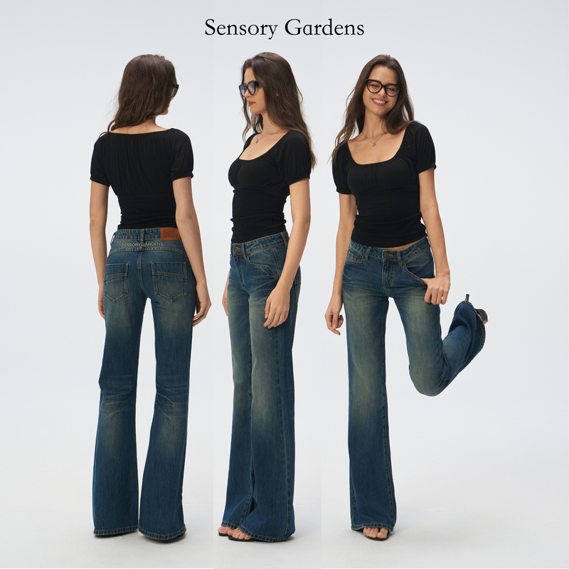 Sensory Garden Vintage Blue Gradient Washed Ghost Claw Cat Whiskers All-Cotton Mid-Low Waist Leg-Enhancing Straight Micro-Flare Jeans for Women