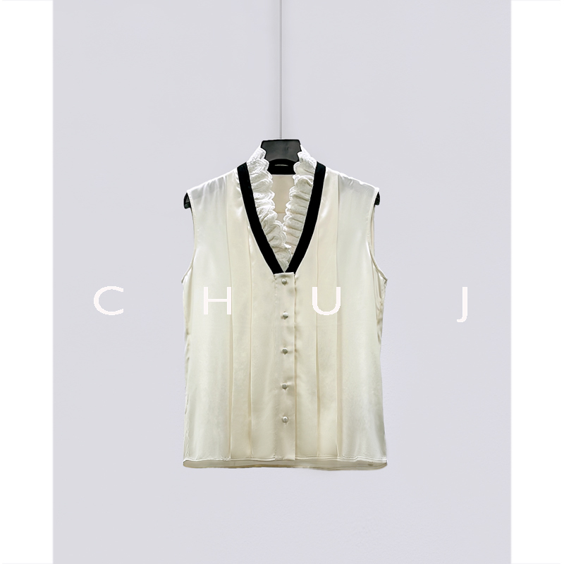 Chujian Original Design Women's Heavy Silk Vest Top with Lace V-Neck Patchwork Silk Sleeveless Shirt