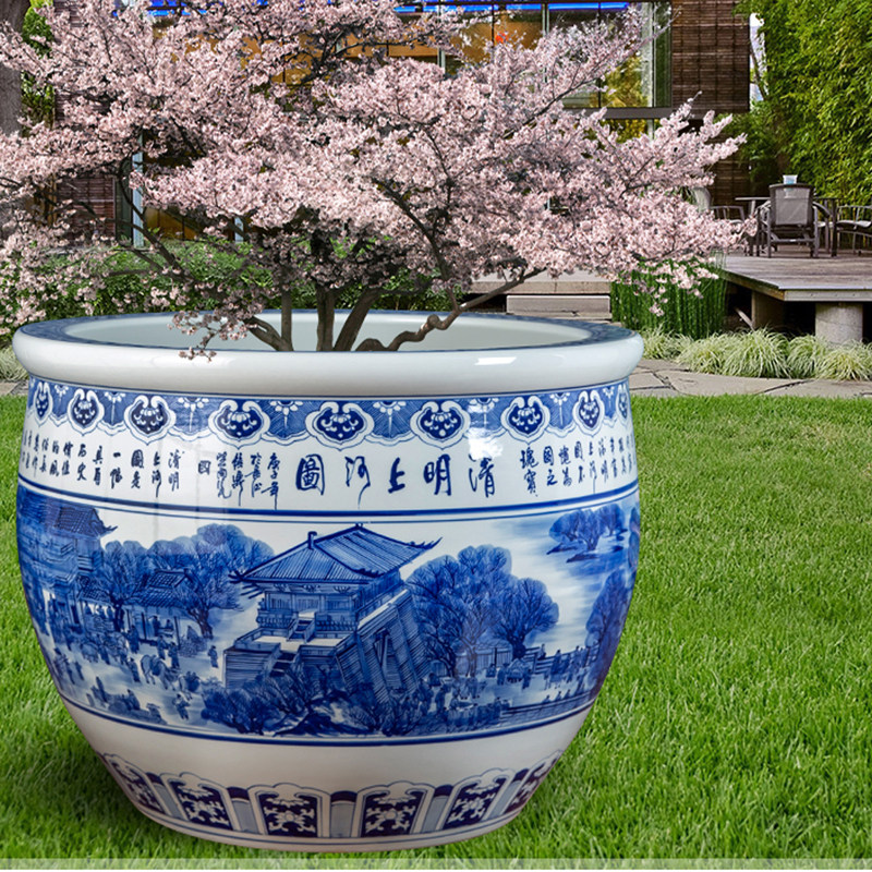 Jingdezhen Ceramic fish tank One Mitte large water cylinder sleeping lotus pelvis Large lotus cylinder Bowl Lotus cylinder Turtle Cylinder Courtyard Pendulum