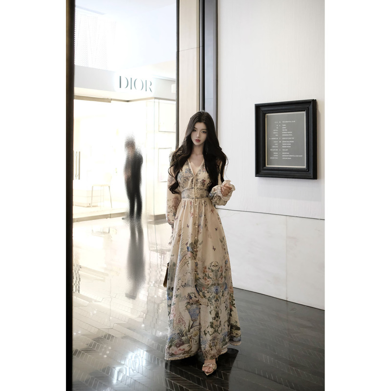 Kasukabe【Soft Bones Bloom Flowers】French-Style Printed Waist-Cinching Slimming Elegant Resort-Style Dress 27027