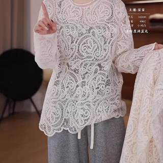 钩花镂空圆领长袖针织衫女秋冬内搭打底衫2025新款法式高级感上衣