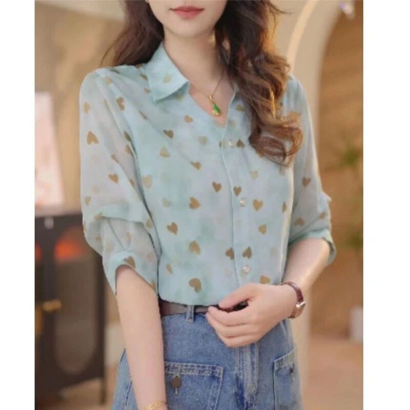 2026 Summer New Fashion Lightweight Loose Casual Solid Color Heart Print Shirt Top French Style Outerwear