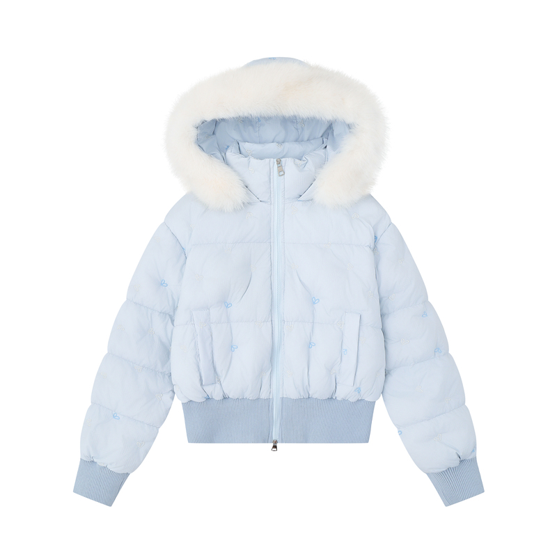 Seek Winter down Jacket with Fur Collar, Anti-Water Loss Fabric, Small Embroidery, Hooded, Waist-Cinching, Thickened, Short Style, Women's 2026 New Model