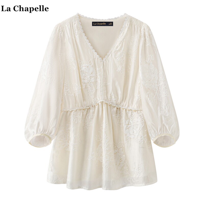 La Chapelle Lace Trim V-Neck Waist-Cinching Shirt for Women, New Summer Style, Elegant and Graceful Three-Quarter Sleeve Lace Top