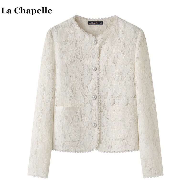 La Chapelle/La Chapelle Small Chanel-Style Lace Jacket for Women, New Autumn French-Style White Hollow-Out Top