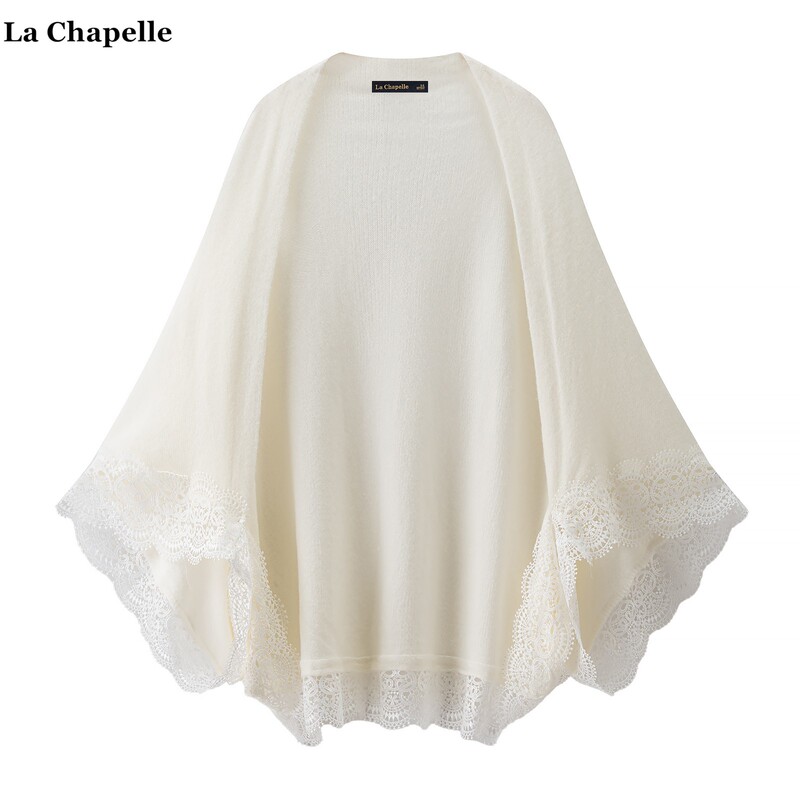 La Chapelle Loose-Fitting Soft Knit Cardigan for Women with Lace Trim, Worn as a Shawl or Cape